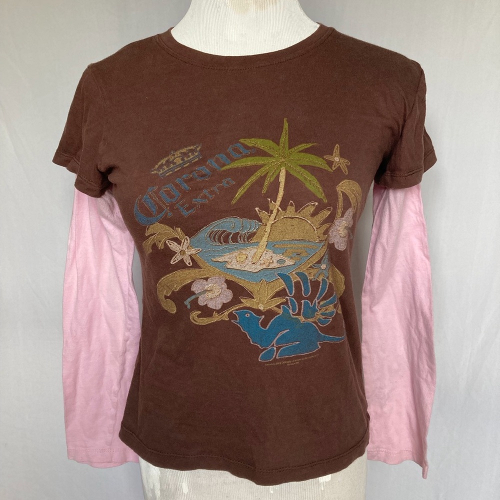 Corona extra y2k beach graphic baby tee silhouette with attached sleeve’s top